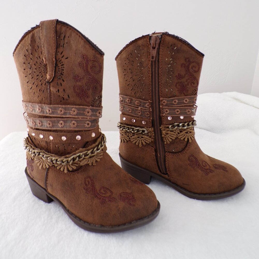 Blingy Lace Chain Detail Embroidered Western Dance Toddler Cowgirl Boots EUC